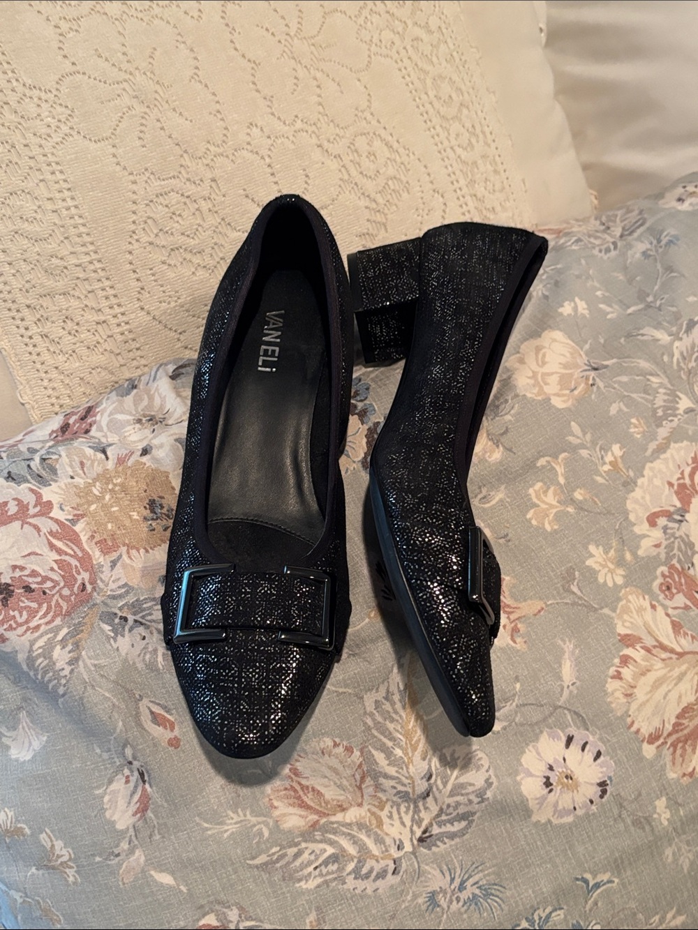 Vaneli Black Sparkle Pointed Toe Loafers with Buckle
